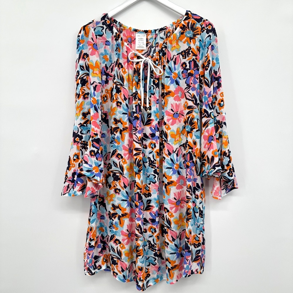 Anne Cole Swimsuit Cover Up Top XL Floral 3/4 Bell Sleeves Beachy Coastal Resort